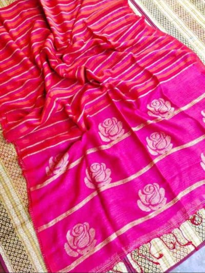 Indiehaat | Pure Linen Handloom Saree Pink