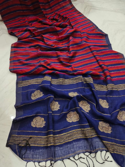 Indiehaat | Pure Linen Handloom Saree Red & Blue