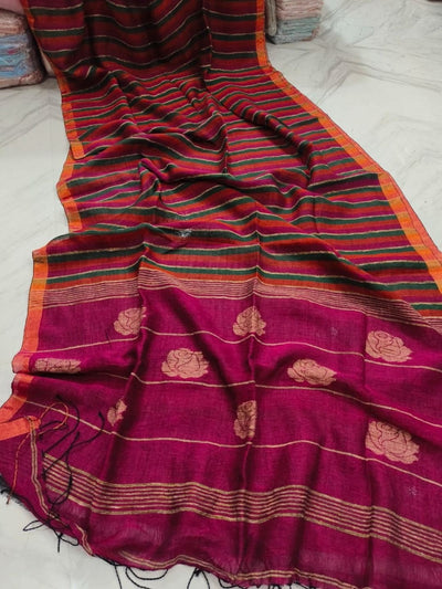 Indiehaat | Pure Linen Handloom Saree Pink & Green