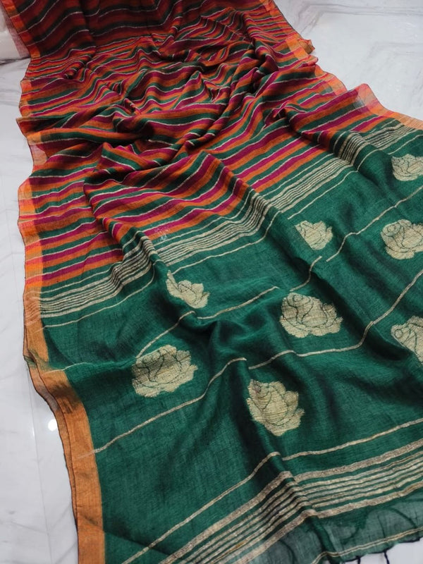 Indiehaat | Pure Linen Handloom Saree Green & Red