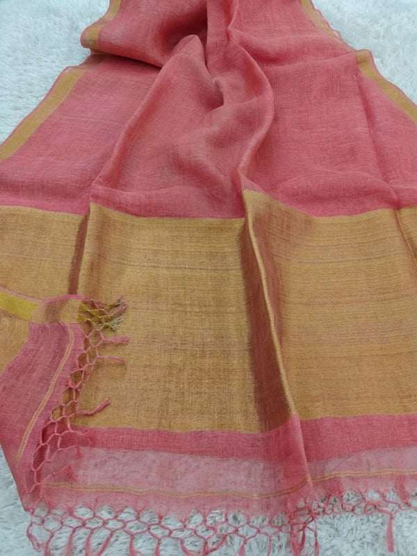 Indiehaat | Pure Linen Handloom Zari Border Saree Pink