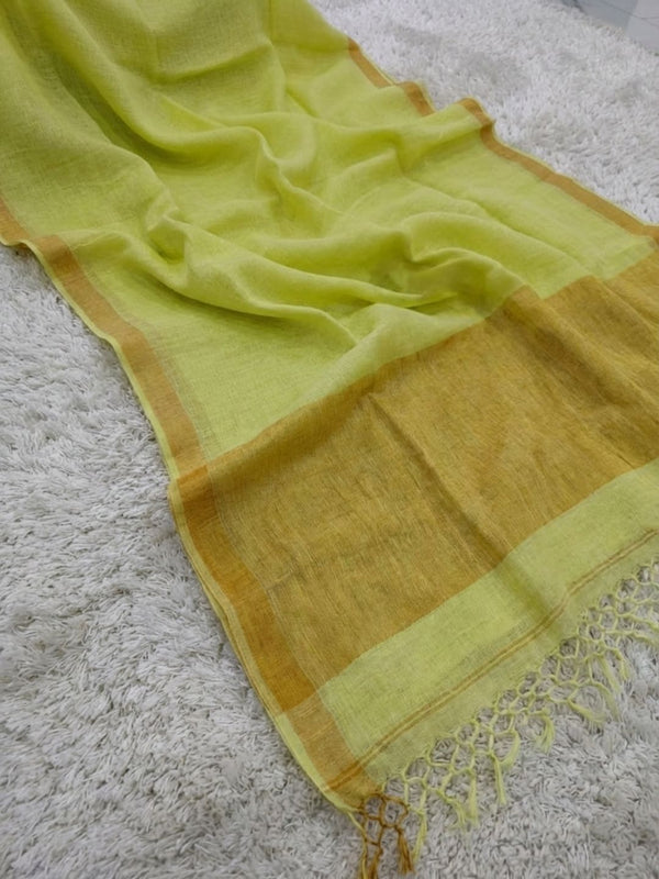 Indiehaat | Pure Linen Handloom Zari Border Saree Green