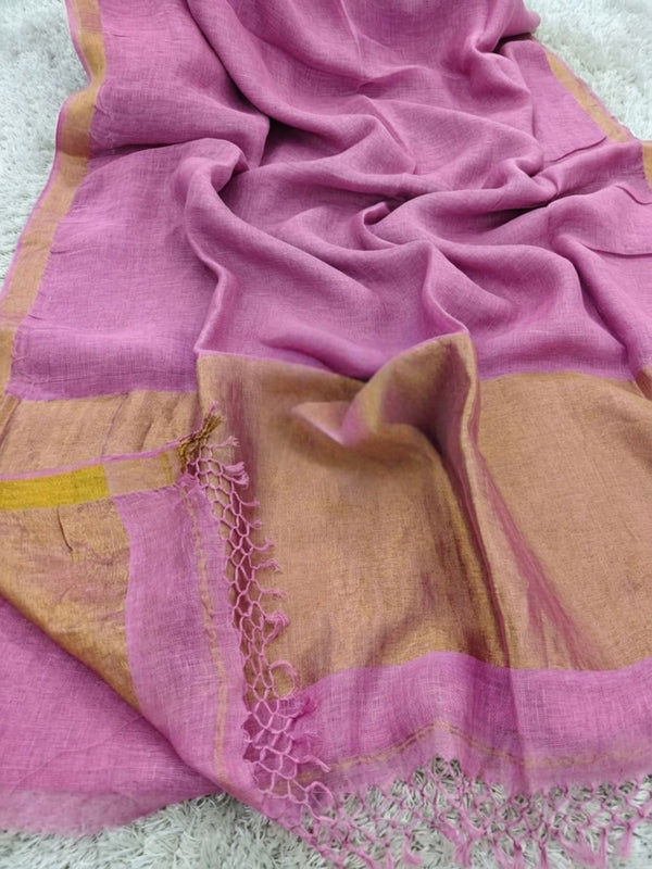 Indiehaat | Pure Linen Handloom Zari Border Saree Beige