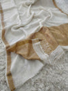 Indiehaat | Pure Linen Handloom Zari Border Saree White