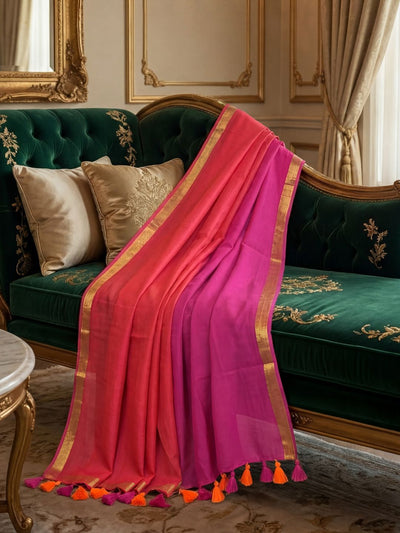 Indiehaat | Pure Handloom Mul Cotton Saree Pink & Orange