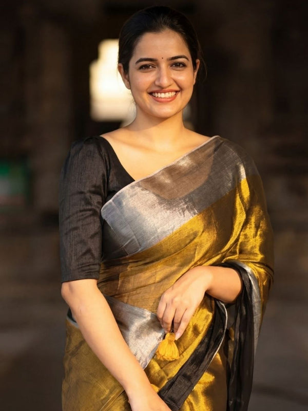 Indiehaat | Pure Tissue Cotton Handloom Saree Gold & Black