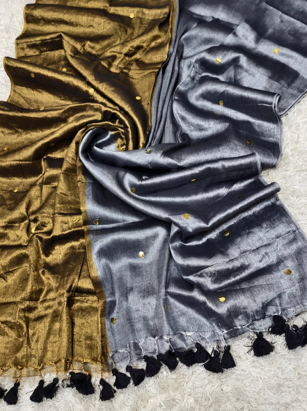 Indiehaat | Pure Mul Cotton Sequin Saree Gray & Gold