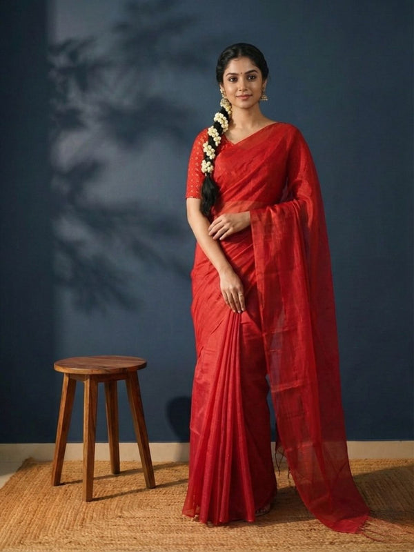 Indiehaat | Pure Tissue Cotton Handloom Saree Red