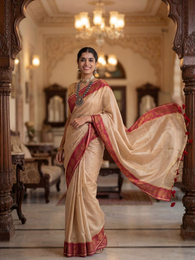 Indiehaat | Pure Tissue Cotton Handloom Saree Beige