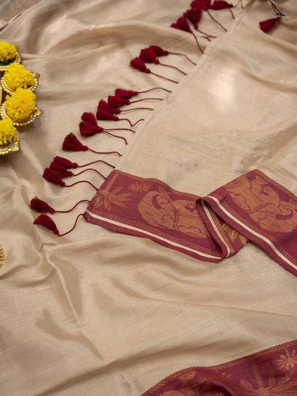 Indiehaat | Pure Tissue Cotton Handloom Saree Beige