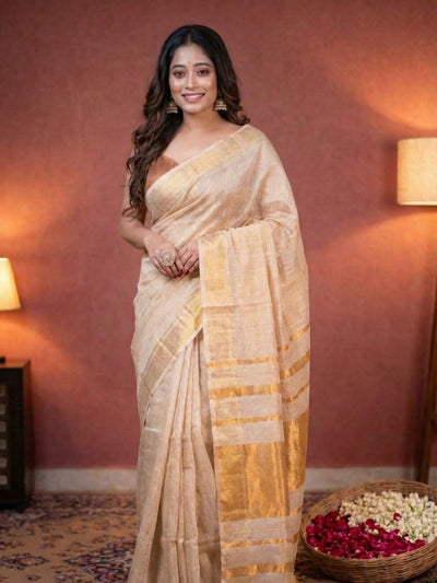 Indiehaat | Pure Tissue Linen Zari Anchal Saree White