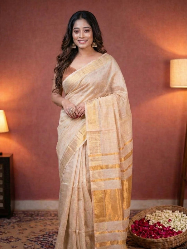 Indiehaat | Pure Tissue Linen Zari Anchal Saree White