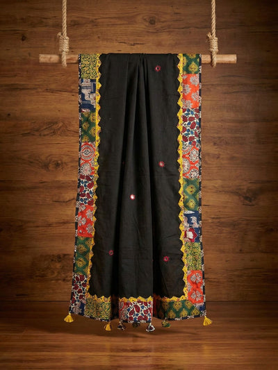 Kosha Saaz Pure Mul Cotton Applique Dupatta Jet Black