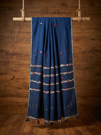Kosha Saaz Pure Mul Cotton Applique Dupatta Navy Blue