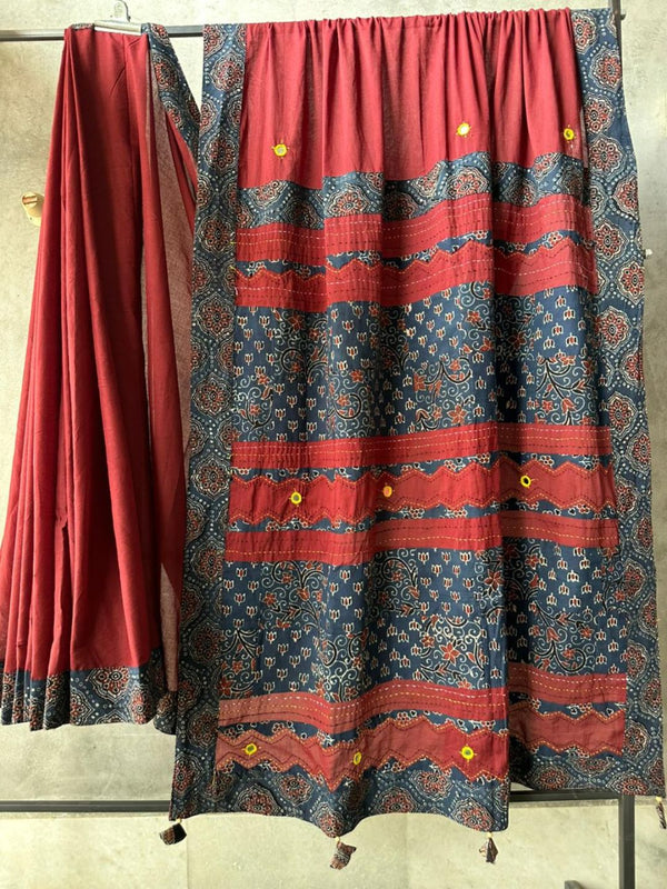 Indiehaat | Ajrakh Patch Work Pure Mul Cotton Saree Brown