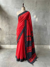 Indiehaat | Ajrakh Patch Work Pure Mul Cotton Saree Red