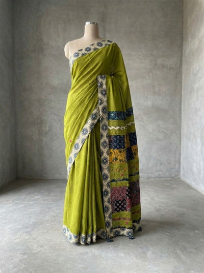 Indiehaat | Ajrakh Patch Work Pure Mul Cotton Saree Green