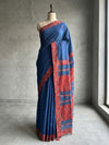 Indiehaat | Ajrakh Patch Work Pure Mul Cotton Saree Blue
