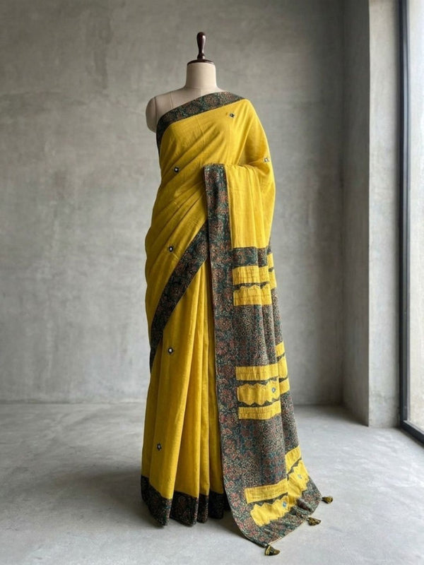 Indiehaat | Ajrakh Patch Work Pure Mul Cotton Saree Yellow