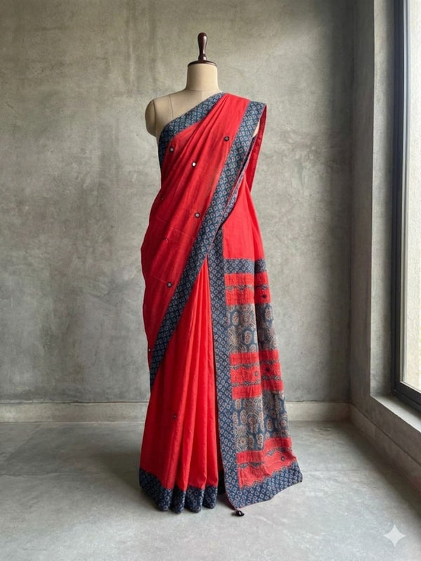 Indiehaat | Ajrakh Patch Work Pure Mul Cotton Saree Red
