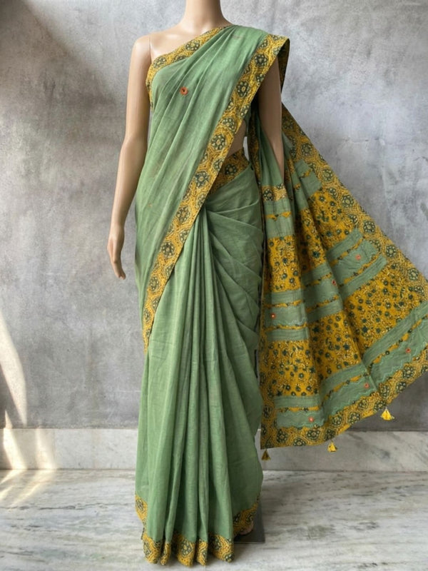 Indiehaat | Ajrakh Patch Work Pure Mul Cotton Saree Green