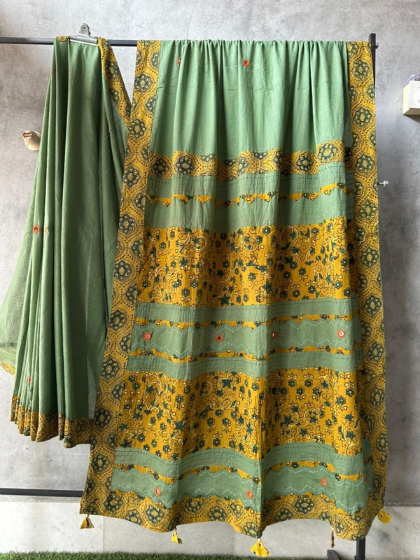 Indiehaat | Ajrakh Patch Work Pure Mul Cotton Saree Green
