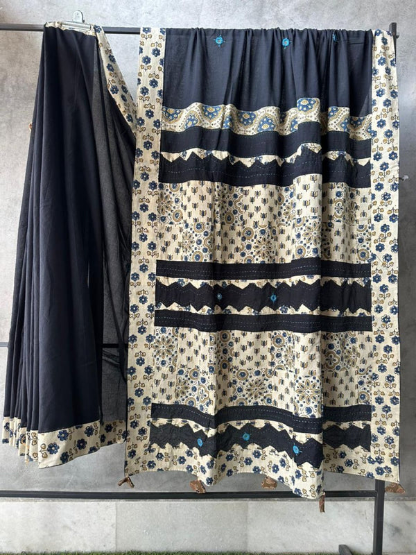 Indiehaat | Ajrakh Patch Work Pure Mul Cotton Saree Black