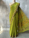 Indiehaat | Ajrakh Patch Work Pure Mul Cotton Saree Green
