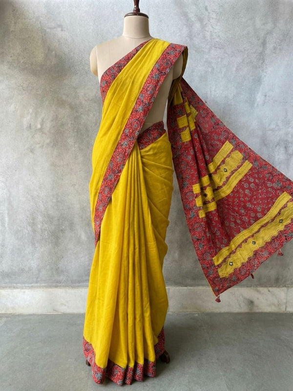 Indiehaat | Ajrakh Patch Work Pure Mul Cotton Saree Yellow