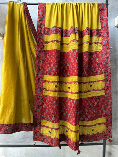 Indiehaat | Ajrakh Patch Work Pure Mul Cotton Saree Yellow