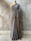 Indiehaat | Ajrakh Patch Work Pure Mul Cotton Saree Gray