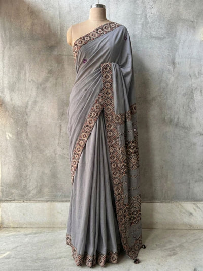 Anvaya Pure Mul Cotton Ajrakh Saree Cool Gray