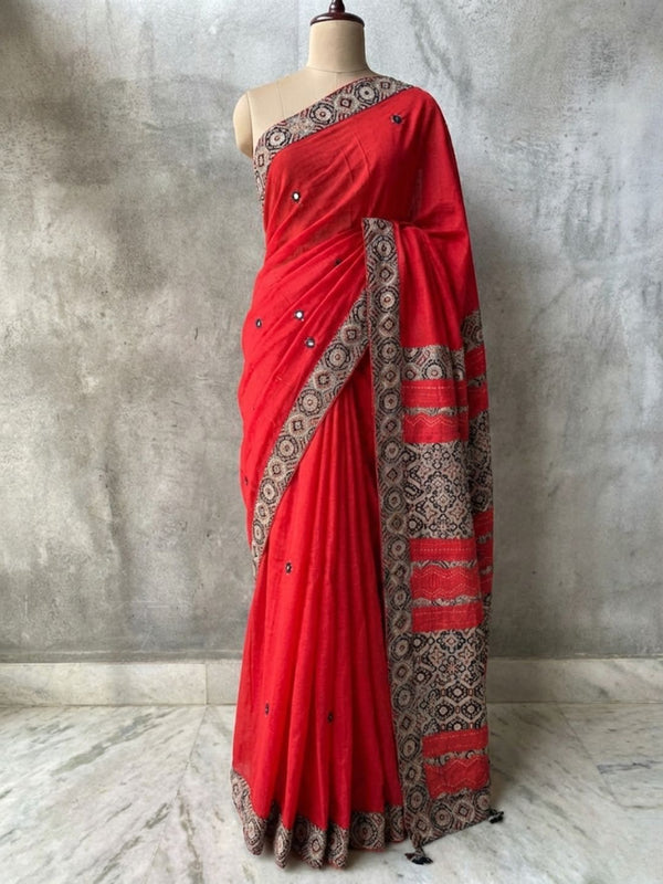 Indiehaat | Ajrakh Patch Work Pure Mul Cotton Saree Red