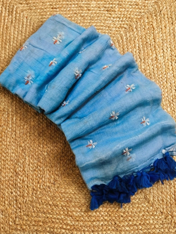 Indiehaat | Pure Mul Cotton Digital Embroidery Saree Blue