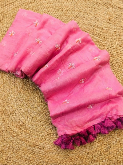 Indiehaat | Pure Mul Cotton Digital Embroidery Saree Pink