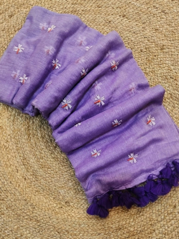 Indiehaat | Pure Mul Cotton Digital Embroidery Saree Purple