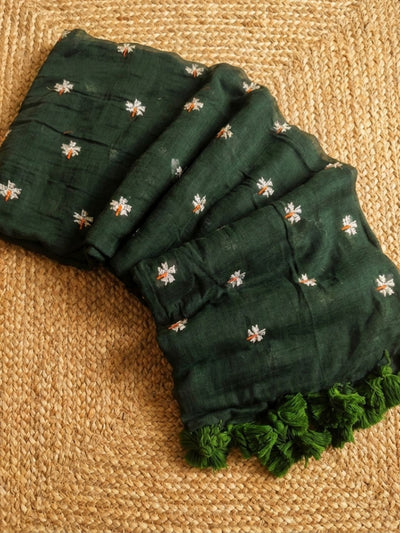 Hawa Hawai Embroidery Pure Mul Cotton Saree Dark Green