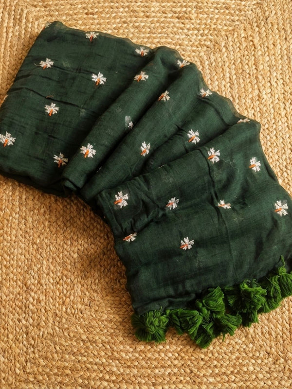 Indiehaat | Pure Mul Cotton Digital Embroidery Saree Green