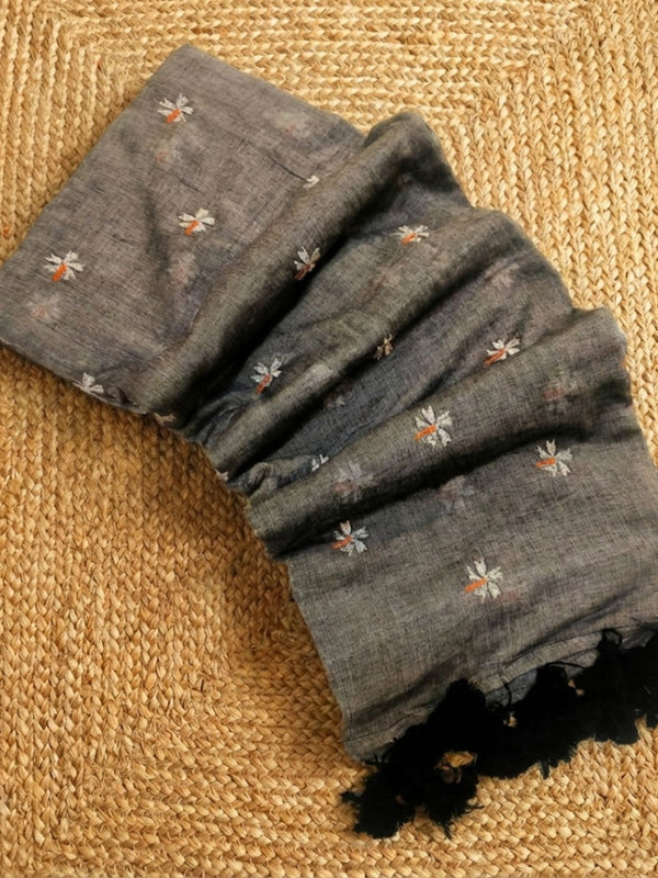 Indiehaat | Pure Mul Cotton Digital Embroidery Saree Gray