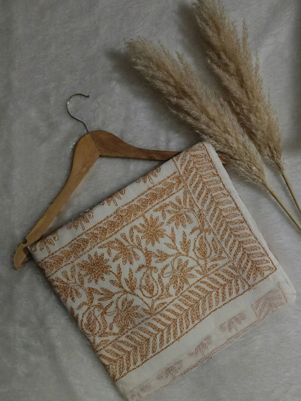 Indiehaat | Kota Doria Chikanakri Saree White & Mustard