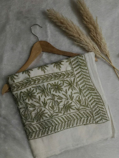 Indiehaat | Kota Doria Chikanakri Saree White & Green