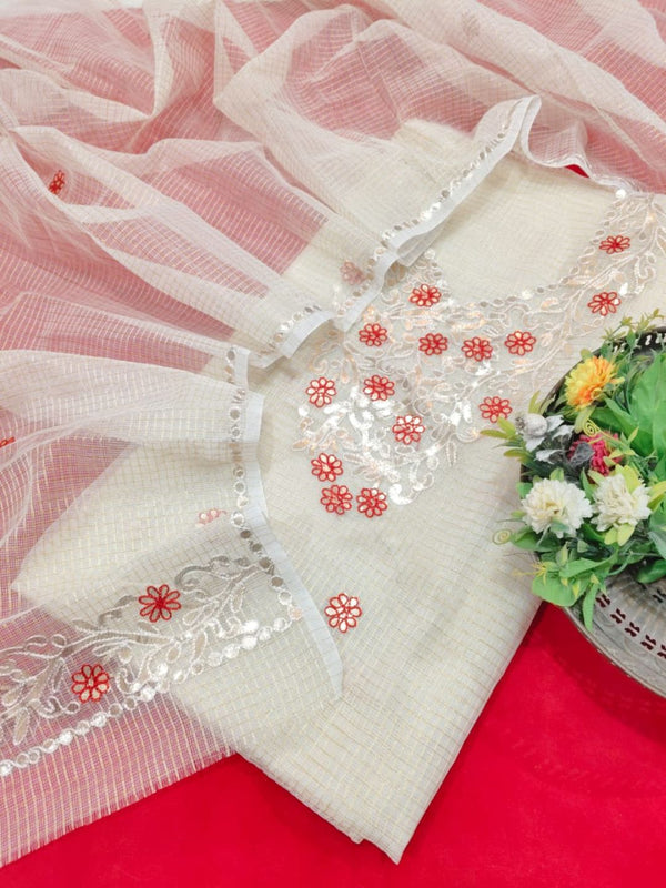 Indiehaat | Kota Cotton Gota Patti Suit Material White