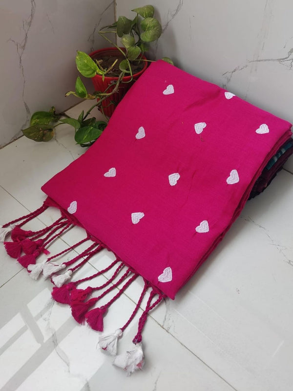 Indiehaat | Pure Khadi Cotton Embroidery Saree Pink