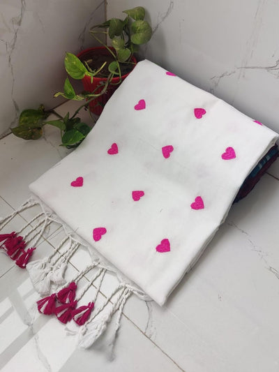 Indiehaat | Pure Khadi Cotton Embroidery Saree White