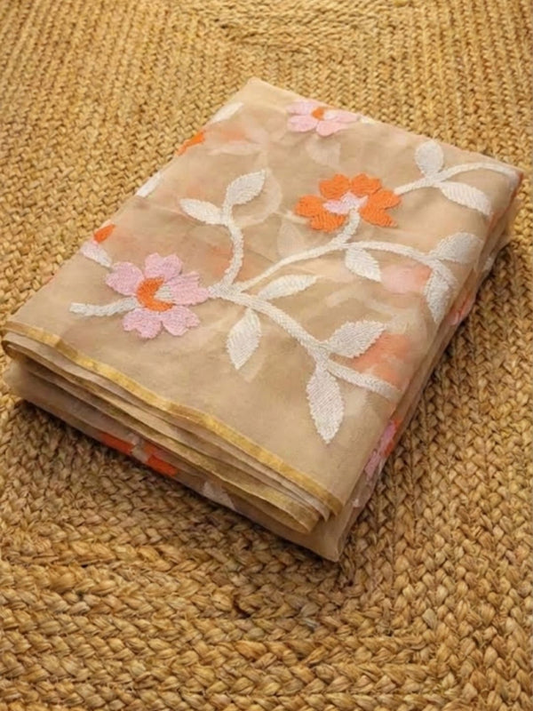 Indiehaat | Pure Muslin Silk Jamdani Saree Beige