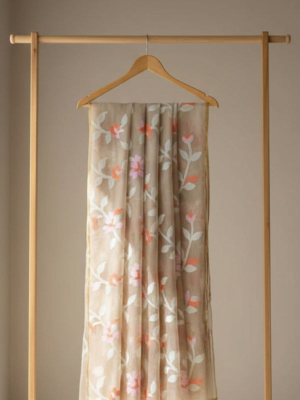 Indiehaat | Pure Muslin Silk Jamdani Saree Beige