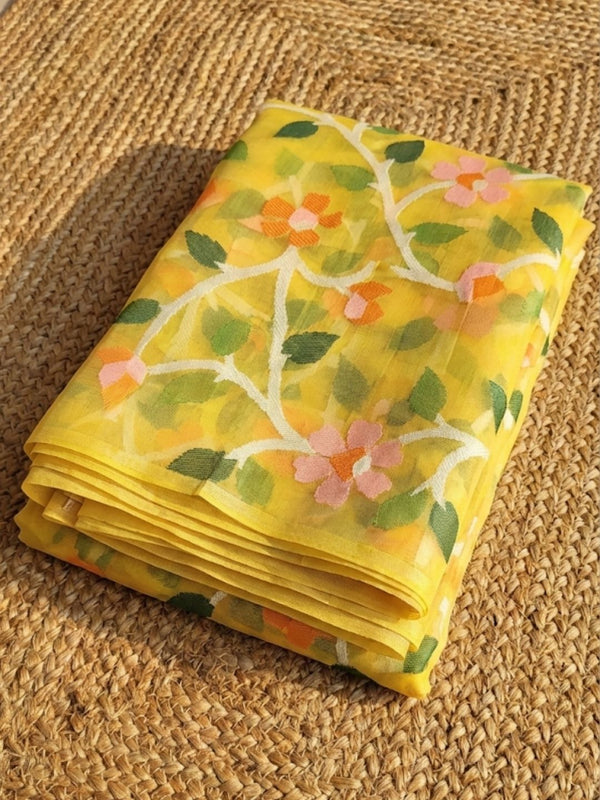 Indiehaat | Pure Muslin Silk Jamdani Saree Yellow