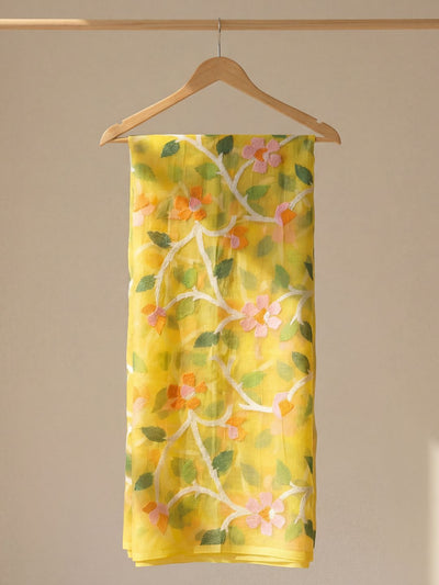 Indiehaat | Pure Muslin Silk Jamdani Saree Yellow