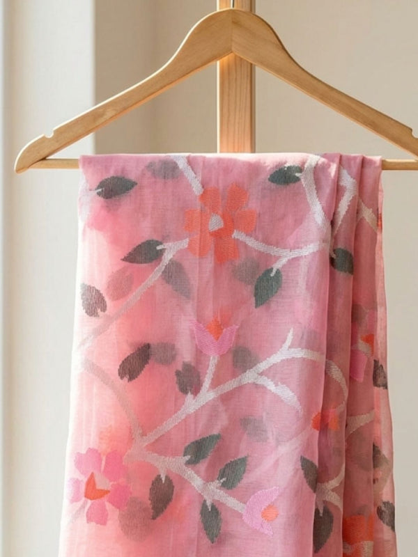 Indiehaat | Pure Muslin Silk Jamdani Saree Pink