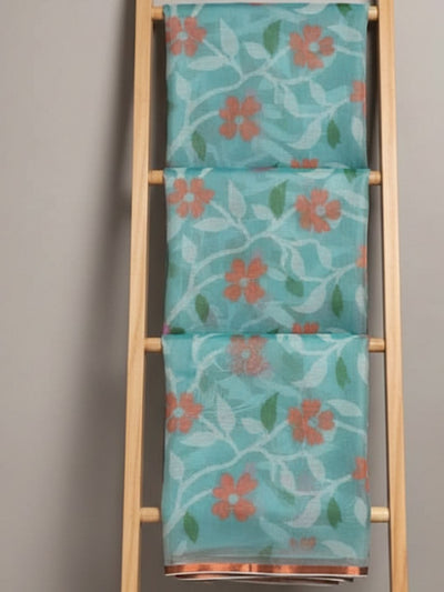 Indiehaat | Pure Muslin Silk Jamdani Saree Blue